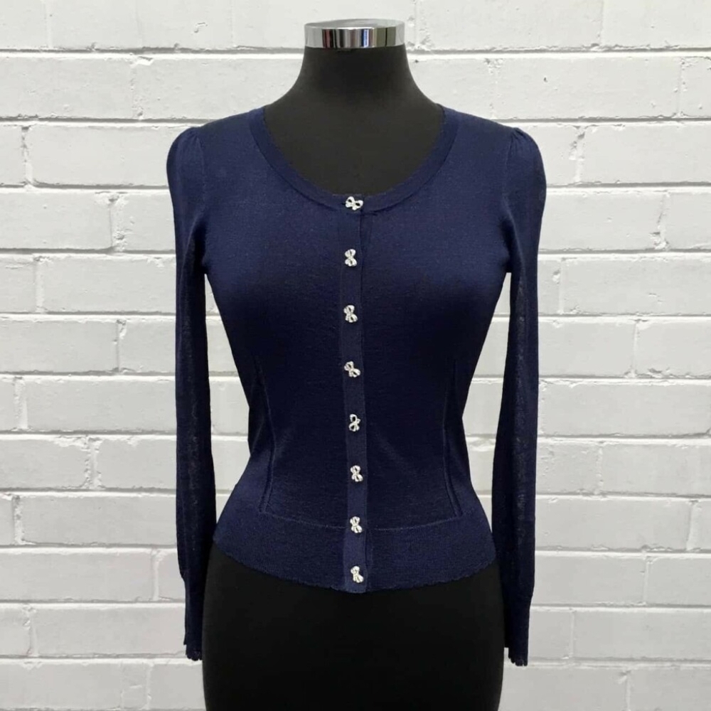 ALANNAH HILL Maybe Baby Blue Sparkly Bow Button Cardi Cropped Cardigan RRP$169 - Picture 6 of 8